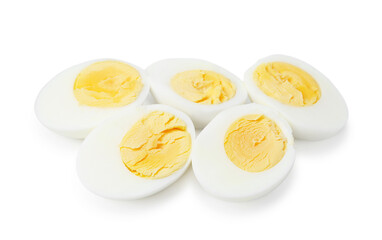 Halves of hard boiled eggs isolated on white