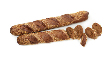 Fresh baguettes with sesame isolated on white, top view