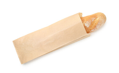 Freshly baked baguette in paper bag isolated on white, top view