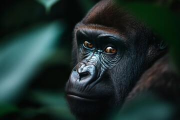 Obraz premium Majestic gorilla peers through lush greenery in its natural habitat under soft afternoon light