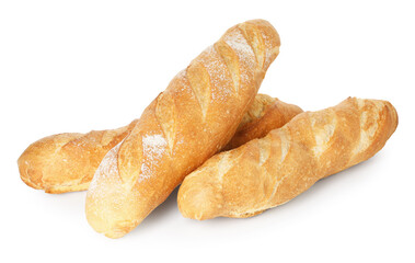 Three freshly baked baguettes isolated on white