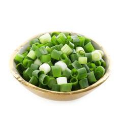 Chopped fresh green onion in bowl isolated on white