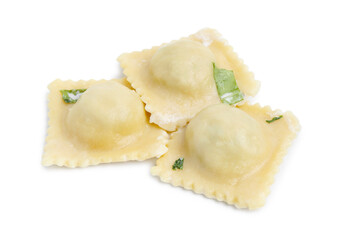Three delicious ravioli with cheese isolated on white