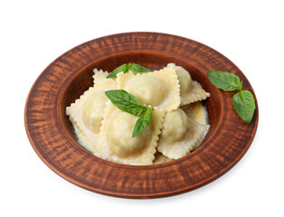 Delicious ravioli with cheese and basil in bowl isolated on white
