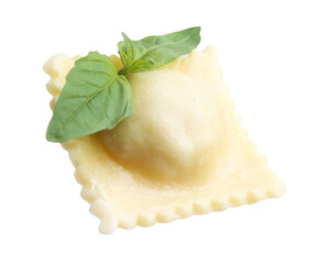 One delicious ravioli with cheese and basil isolated on white