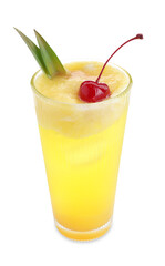 Tasty pineapple cocktail with cherry in glass isolated on white