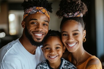 Family enjoying a joyful moment together indoors with bright smiles and colorful accessories
