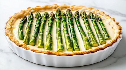   A close-up of a pie with asparagus on top, on a white countertop with a marble surface