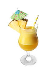 Tasty pineapple cocktail in glass isolated on white