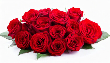 Fototapeta premium Red roses and gift with red bow on white top.AI generated illustration of a top view of a Valentine's day bouquet of red roses with dewdrops.Red roses and dew drops on gift boxes for couples.