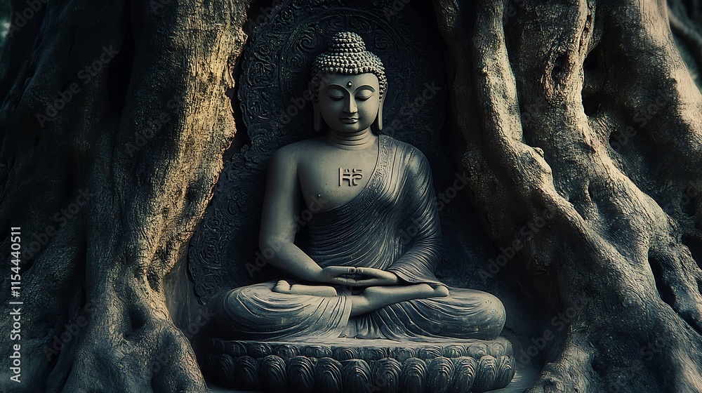 Poster serene meditation of stone buddha statue enveloped by tree roots : generative ai