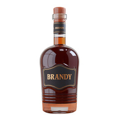 A 3D render of a cartoon-style bottle of brandy. The bottle is isolated on a transparent background. The bottle is a dark brown color with a label that has gold text that reads "Brandy". 
