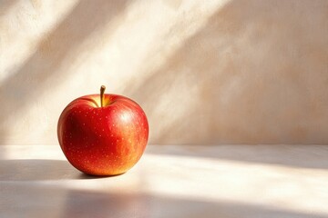 A single, ripe red apple sits on a beige surface, bathed in soft sunlight.