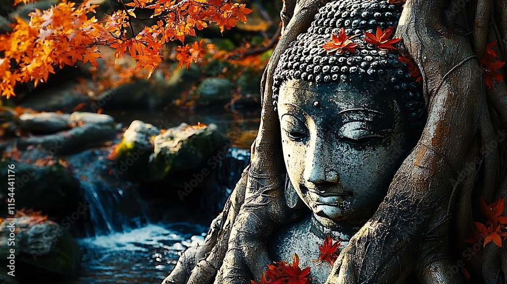Poster tranquil autumn buddha statue surrounded by vibrant red maple leaves in nature setting : generative 