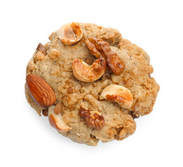 One tasty cookie with nuts isolated on white, top view