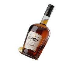 A 3D render of a cartoon-style bottle of brandy, placed on a wooden barrel. The bottle is filled with a golden liquid. There are small barrels and a few objects, such as a coin