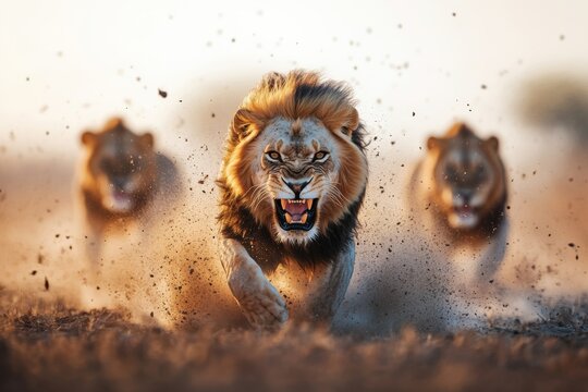 Powerful lions charging across the African savanna during golden hour - Powered by Adobe