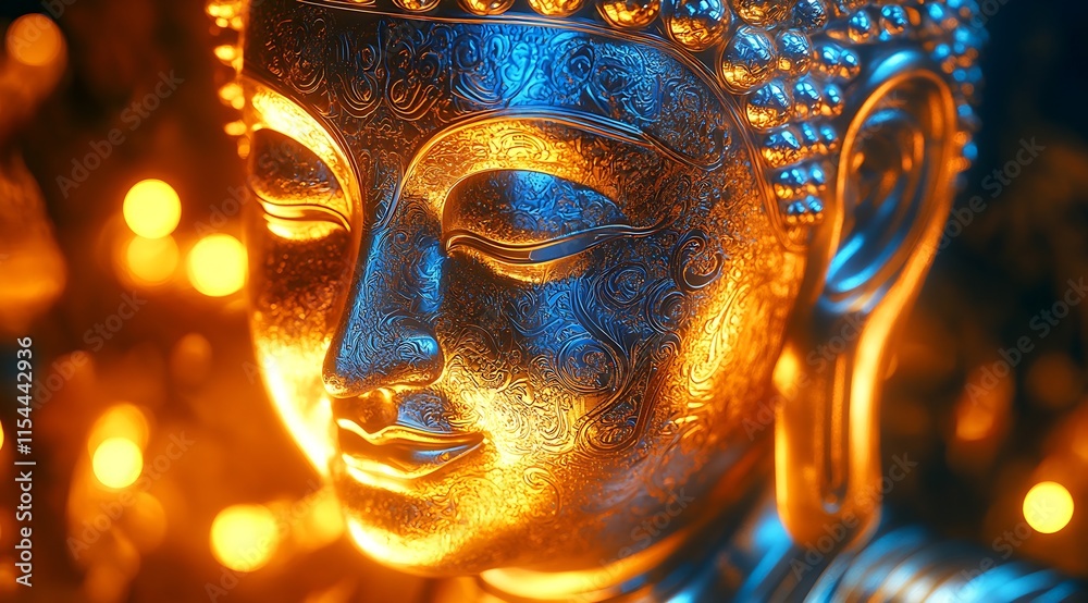 Aufkleber Illuminated Golden Buddha Close-up with Intricate Patterns and Warm Glow : Generative AI