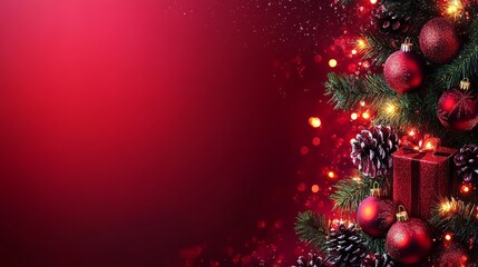 Fir tree branches, gifts, and pine cones create a Christmas composition on a red background, depicted in a flat lay, top view. It includes copy space and is perfect for use as a banner or backdrop.