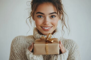 A young woman with a radiant smile holds a beautifully wrapped gift, radiating joy and warmth.