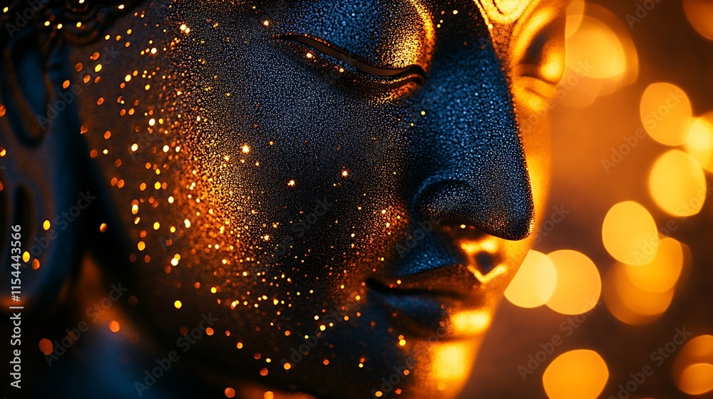 Poster close-up of peaceful buddha face with radiant golden light and bokeh effect : generative ai