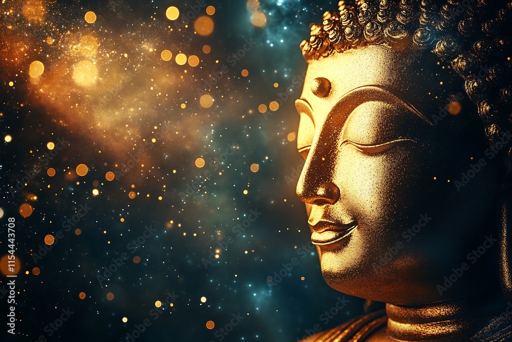 Poster golden buddha statue in cosmic galaxy with bokeh lights and spiritual atmosphere : generative ai
