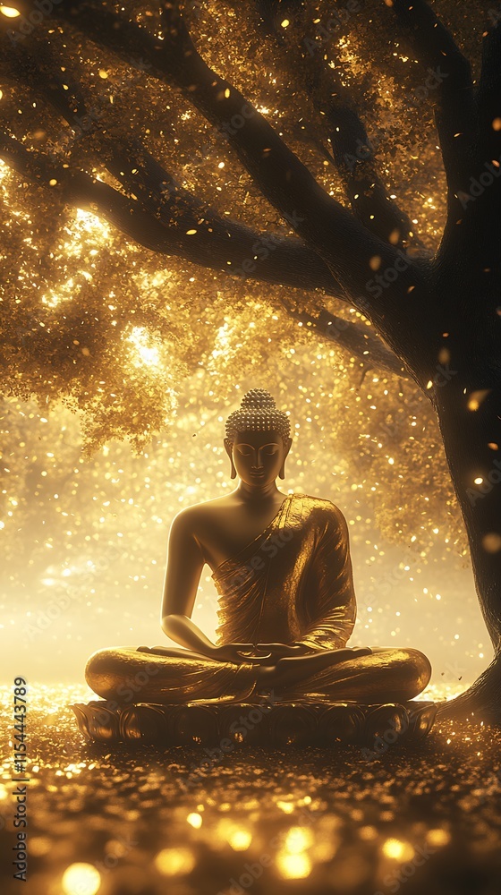 Poster golden buddha statue meditating under glowing tree in enchanted forest setting : generative ai