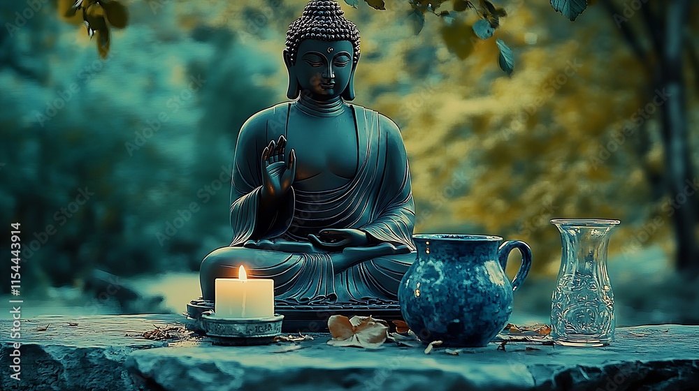 Poster Buddha Statue in Tranquil Setting with Candles and Artful Vases on Stone : Generative AI