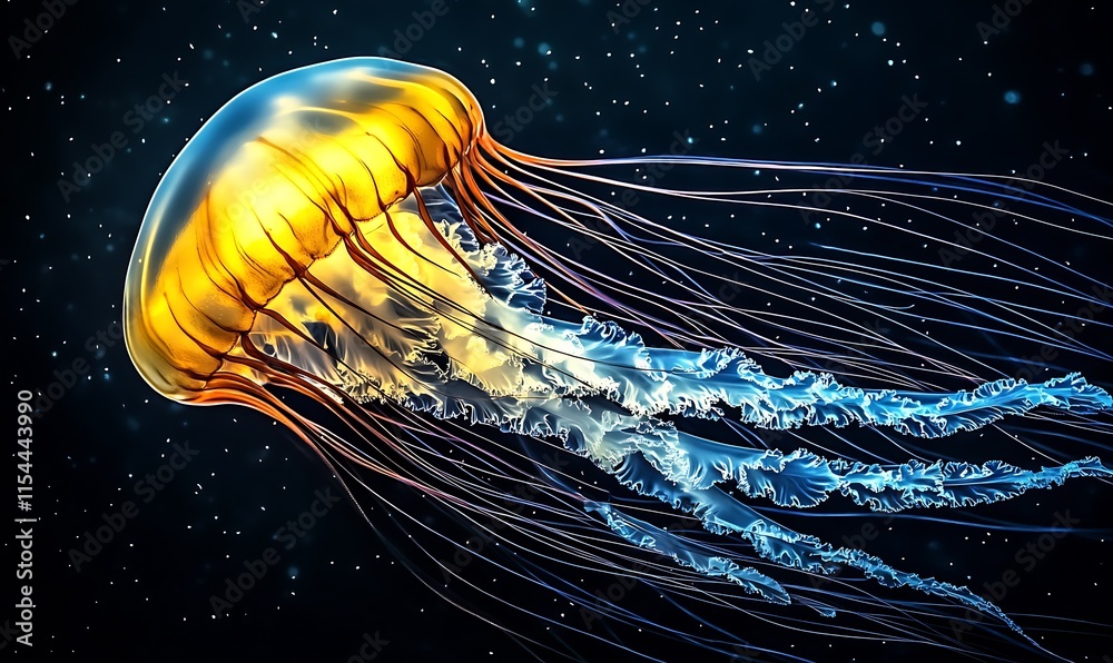 Poster Ethereal Jellyfish with Golden Glow and Streaming Tentacles in Mysterious Ocean Depths : Generative AI