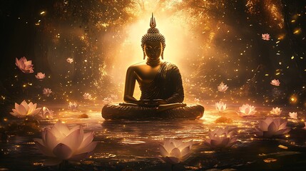 Enlightened Buddha Statue Amidst Lotus Blossoms in Mystical Golden Light : Generative AI