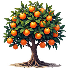 A lush orange tree bursting with juicy fruit in a vibrant natural setting, digital illustration of nature concept.