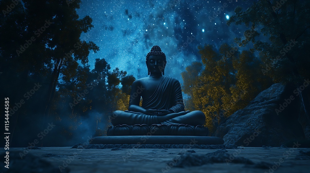 Poster buddha statue in starry night forest inspiring tranquility and deep reflection : generative ai