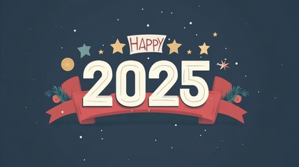 Fototapeta premium In a sleek modern setting, the 2025 Happy New Year is adorned with a golden ribbon, vibrant confetti, and white numbers.
