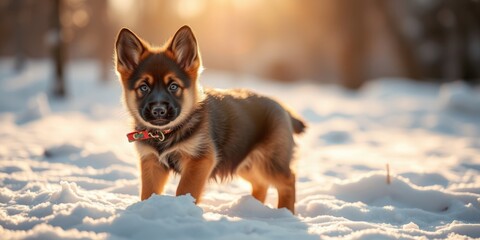 A tiny German Shepherd puppy explores a snowy landscape under the warm glow of the sun, showcasing its playful spirit and fluffy coat in a serene winter setting