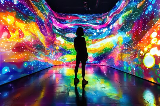 Silhouette a person standing in a colorful digital art installation with vibrant abstract patterns and lights
