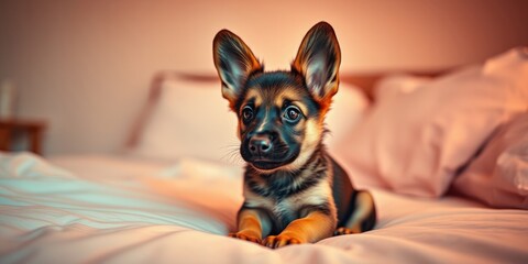 Fototapeta premium A small German Shepherd puppy enjoys a moment of relaxation on plush bedding, surrounded by a warm and inviting indoor ambiance, glowing softly in the morning light