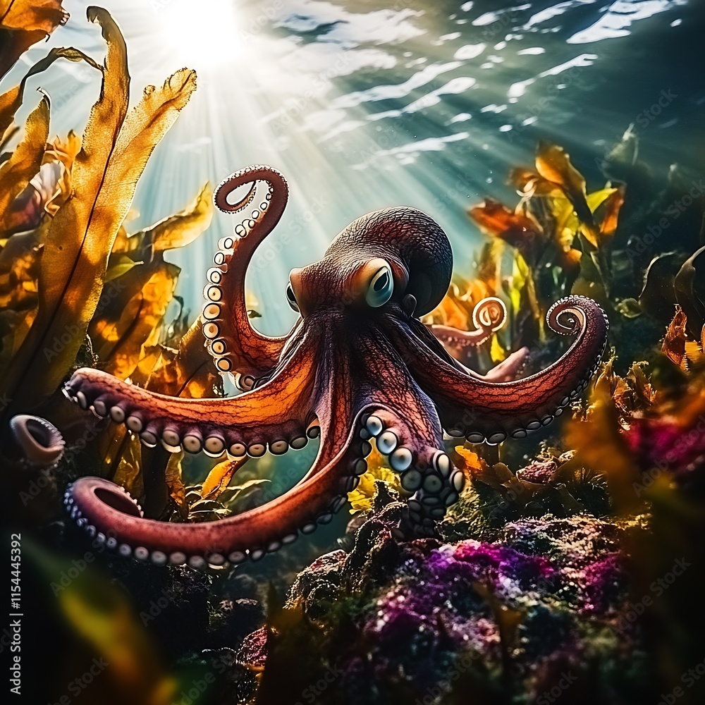 Poster Vibrant Octopus Exploring Colorful Underwater World in Sunlit Ocean : Generative AI
