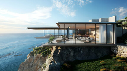 Modern cliffside mansion in Big Sur California with glass walls and panoramic ocean views