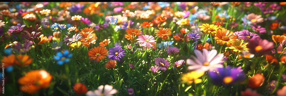 Poster serene meadow of multicolored flowers dancing in the gentle breeze : generative ai