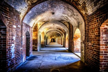 Obraz premium Fort Morgan's historic hallways bathed in low light, a Southern military fortress' nocturnal mystery.