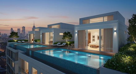 Fototapeta premium Luxury Rooftop Pool Cityscape View Modern Architecture Night