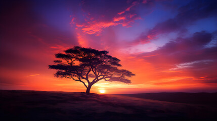 Resplendent Sunset Over the Horizon: A Spectacular Display of Nature's Twilight Colors and the Silhouette of a Solitary Tree