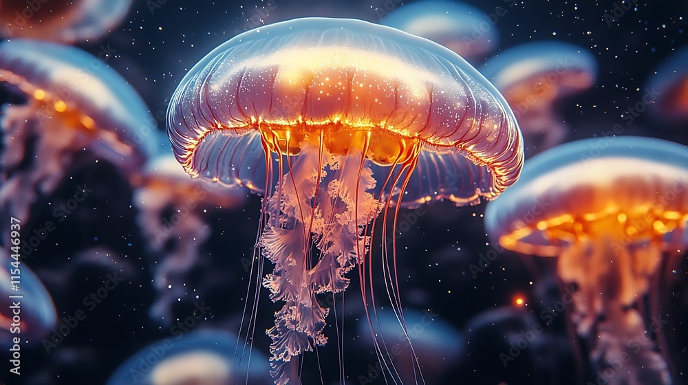Poster Illuminated Jellyfish Swarm Gracefully Floating in Tranquil Ocean : Generative AI