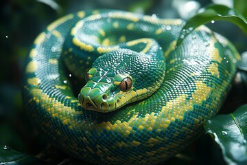 Fototapeta premium Green Tree Python Resting on Branch: Vibrant Scales and Jungle Habitat