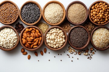 Various superfoods, legumes, nuts and seeds in wooden bowls promoting healthy eating habits