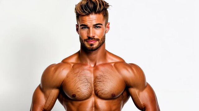 Colorful swimwear for men, young handsome male model posing, white background.
