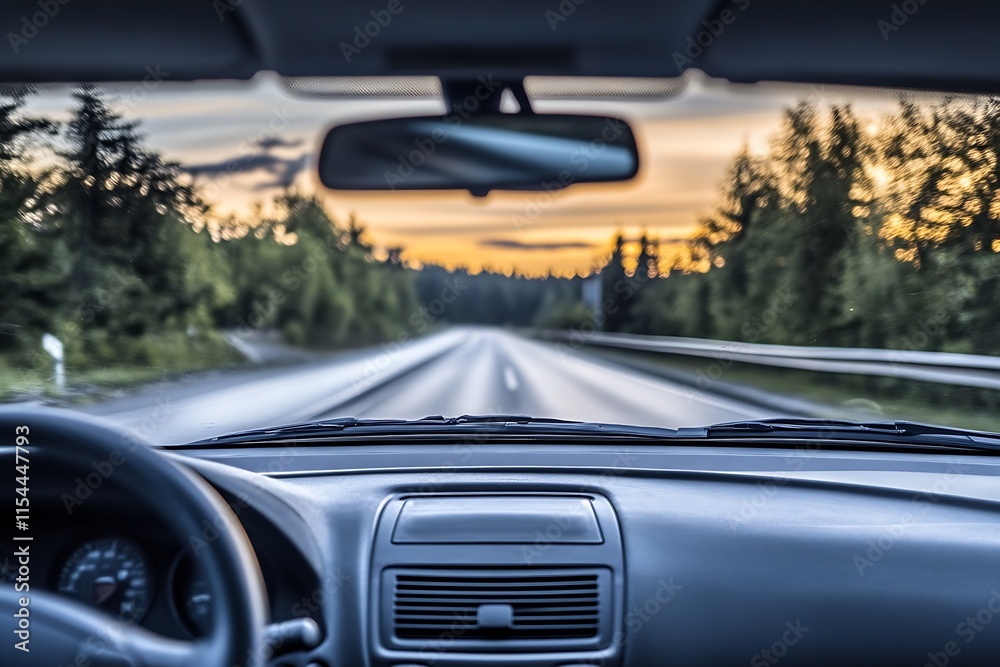 Poster sunset drive through forested highway viewing road through car windshield : generative ai