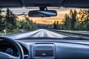 Sunset Drive Through Forested Highway Viewing Road Through Car Windshield : Generative AI