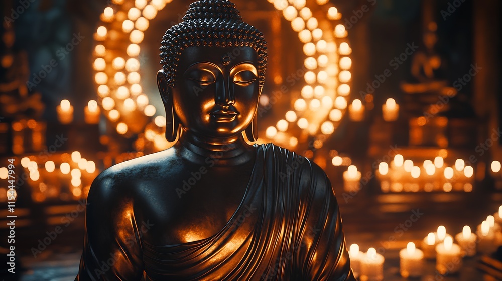 Poster Golden Buddha Statue Surrounded by Illuminated Candles in Tranquil Buddhist Temple Setting : Generative AI
