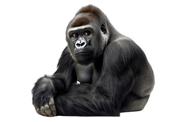 Fototapeta premium Gorilla Sitting on Black Background, Transparent Object in Motion, Furry Animal, Isolated Image